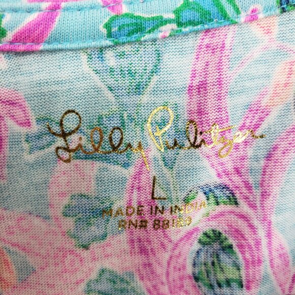 Lilly Pulitzer Tessa Shift T Shirt Dress L Seaweed Samba Cotton V Neck Pink Blue - Picture 4 of 11